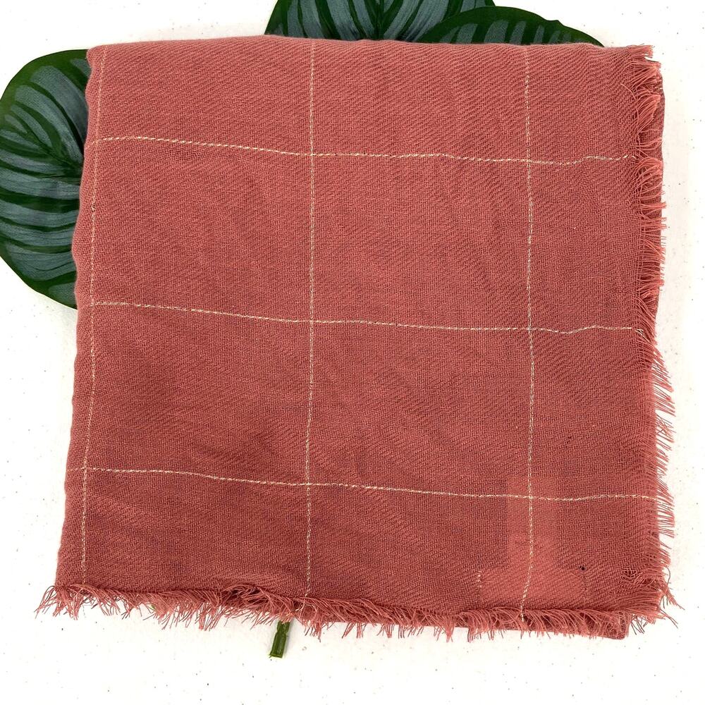 LC Lauren Conrad Dusty Rose Pink Metallic Gold Plaid Lightweight Fringe Scarf